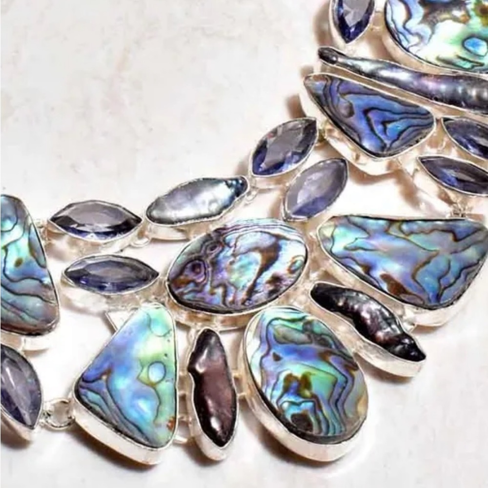 Stunning Abalone + Biwa Pearl + Amethyst statement cluster necklace